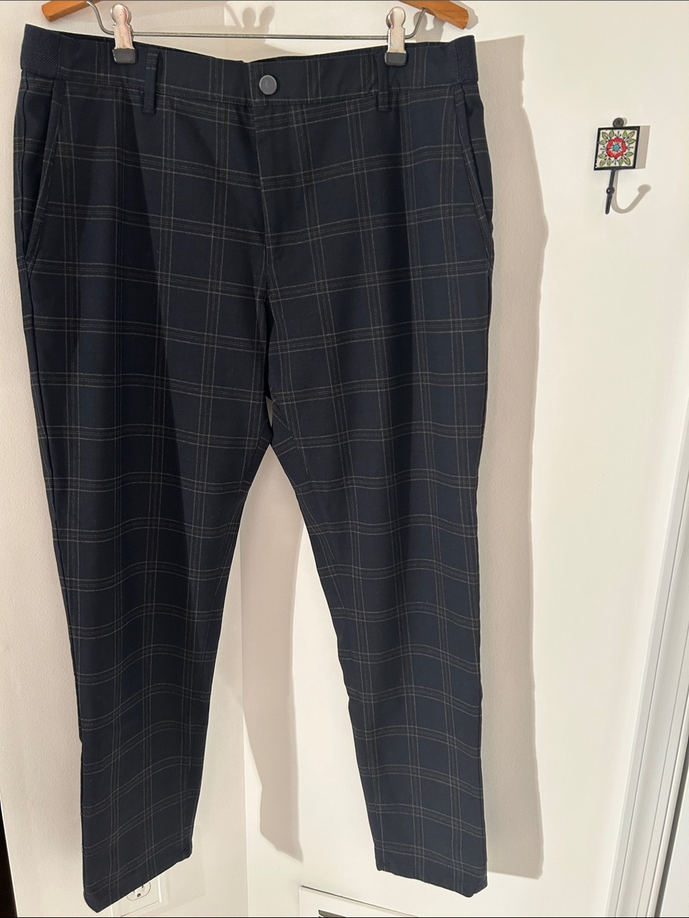 Men's Dark Blue Windowpane Dress Pants